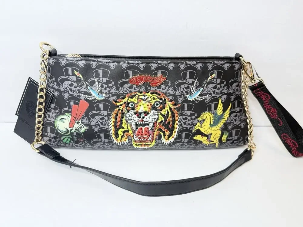 Ed Hardy Black Striking Tiger Tattoo Art With Rhinestones Shoulder Bag w/Charms